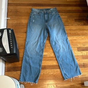 &Denim High Rise & Straight Medium Wash Raw Hem Jeans
